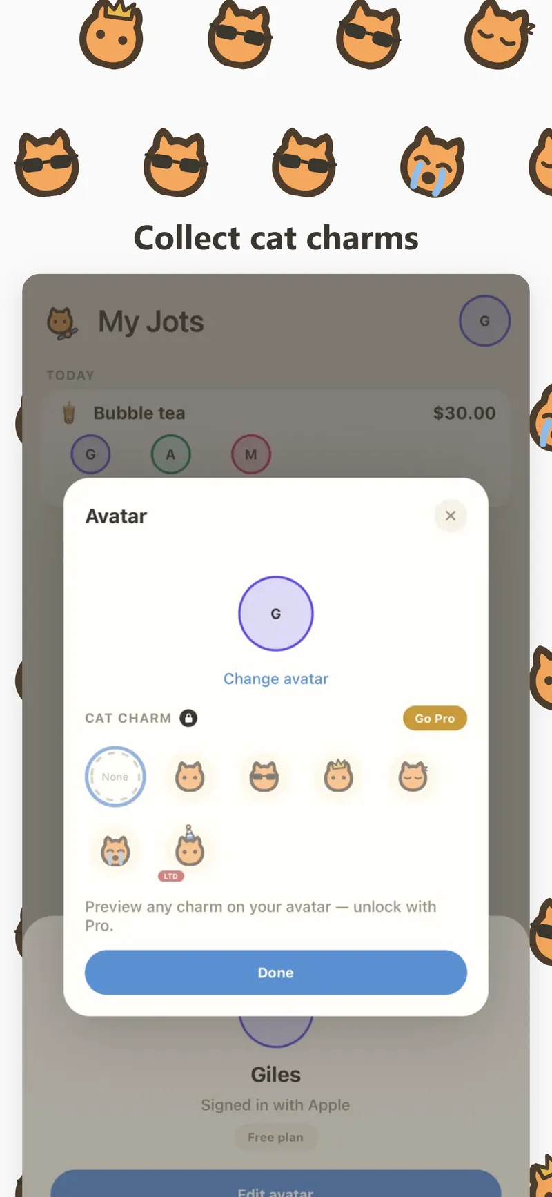 Cat charm picker on the avatar sheet